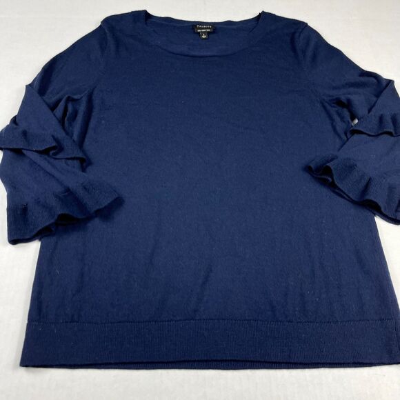 Talbots Merino Wool Classic Sweater Blue Ruffled 3/4 Sleeve Work Pullover LARGE - Picture 2 of 10